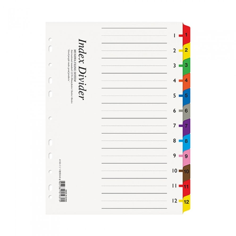 Munhwa File A193-7 Premium A4 12-Tab Art Paper Index Dividers with Writable Color Tabs for Monthly Document Organization